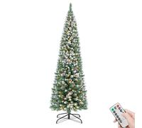 Rollingsurfer Sapin de Noël Artificiel Pré-illuminé 180CM, Sapin Fuselé Givré avec 250 Lumières Blanc Chaud, 8 Modes d‘Éclairage, 700 Pointes Givrées, 34 Pommes de Pin, Support Métallique
