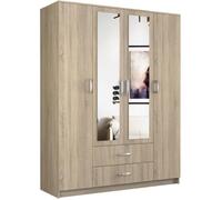 ROMA | Grande Armoire chambre bureau 205x160x52 cm | Penderie | 2 portes | 2 Miroirs | 2 tiroirs | Meuble de rangement | Sonoma