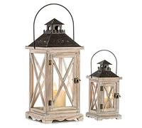 Romadedi Lanterne Bougie Bois Grande - 48/28cm Ensemble de 2 Lanterne Decorative Bougeoir Vintage Decoration Shabby Chic Exterieur Intérieure Mariage Table Maison Jardin Noel, Ecru