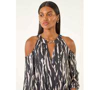 Roman Roman Black Abstract Print Cold Shoulder Stretch Blouse