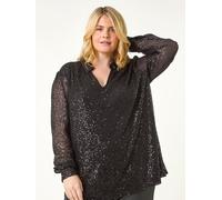 Roman Roman Black Curve Sequin V-Neck Stretch Shirt Black EU 46 (UK 18)