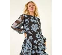 Roman Roman Black Petite Floral Print Frill Swing Dress Black EU 40 (UK 12)
