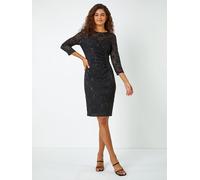 Roman Roman Black Sequin Lace Ruched Stretch Dress Black EU 44 (UK 16)