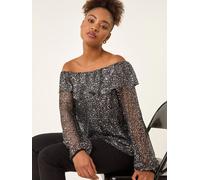 Roman Roman Black Sequin Mesh Bardot Shirt Black EU 48 (UK 20)