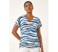 Roman Roman Blue Animal Print Embellished V-Neck Knit Blouse