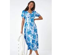 Roman Roman Blue Button Through Floral Print Shirred Midi Dress Blue 40