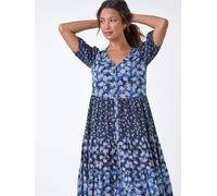 Roman Roman Blue Floral Cotton Blend Tiered Smock Dress Blue EU 44 (UK 16)