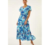 Roman Roman Blue Floral Tiered Tie Waist Midi Dress Blue EU 38 (UK 10)