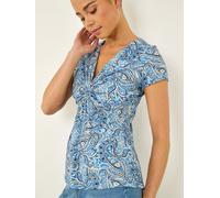 Roman Roman Blue Petite Abstract Twist Front Stretch Top