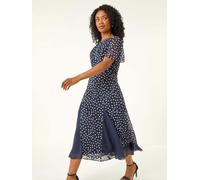 Roman Roman Blue Spot Print Godet Hem Midi Dress Blue 12