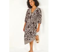 Roman Roman Brown Leaf Border Print V-Neck Midi Dress Brown EU 48 (UK 20)
