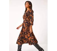 Roman Roman Brown Leaf Print Wrap Midi Dress Brown EU 46 (UK 18)