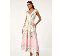roman Roman Floral Print Bardot Midi Stretch Dress Rose FR 40 (EU 38)