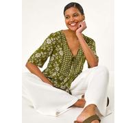 Roman Roman Green Floral Print Tassel Tunic Top