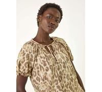 Roman Roman Natural Floral Animal Print Tie Neck Top