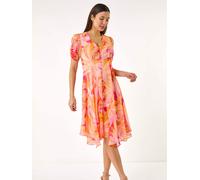 Roman Roman Orange Abstract Painted Floral Print Hanky Hem Dress Orange EU 44 (UK 16)