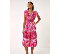 Roman Roman Pink Floral Print Constrast Stitch Midi Dress Pink EU 46 (UK 18)