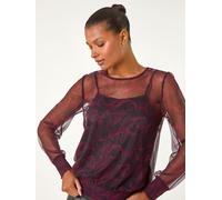 Roman Roman Red Abstract Print Plisse Shirred Hem Blouse