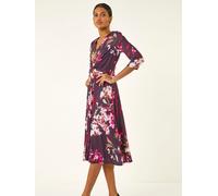 Roman Roman Red Floral Crossover Stretch Midi Dress Red 16
