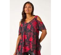Roman Roman Red Floral Print Cold Shoulder Asymetric Top