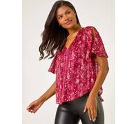 Roman Roman Red Metallic Angel Sleeve V-Neck Blouse