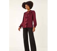 Roman Roman Red Ruffle Front Keyhole Satin Blouse