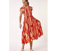 Roman Roman Red Wave Print Shirred Midi Dress Red EU 38 (UK 10)