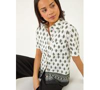 Roman Roman White Petite Border Print Button Blouse