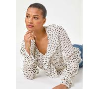 Roman Roman White Spot Frill Pleated Peplum Blouse