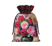 Romance Blooms Pochette en jute avec cordon de serrage en tissu écossais et étiquette en papier kraft, sac léger et durable