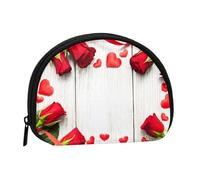 Romance Rose Fleur avec Cœur Pétale Imprimé Mini Sac de Rangement Portable en Forme de Coquille Portefeuille Petit Portefeuille Coquille Sac de Rangement