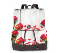 Romance Sac à dos en cuir PU avec imprimé de pétales de rose et cœur pour femme Sac à dos étanche Sac à dos de voyage avec rabat, Noir , Taille unique