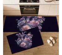 Romance Sombre Lot de 2 Tapis Cuisine antidérapants lavables, Disséquer La Fleur Forme Cœur Tapis de Cuisine, Violet - 50x80+50x120cm