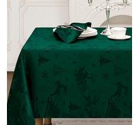 Romanstile Nappe de Noel Verte rectangulaire 140x240 cm Grande Nappe Anti Tache orné d’Un Motif Jacquard avec des Rennes et des sapins de Noël, idéale pour Les Grandes tablées et Les dîners festifs