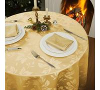 Romanstile Nappe Ronde Doree 160 cm,Élégante en Jacquard Floral, Résistante aux Taches,pour Repas de Réveillon, Célébrations de Nouvel an, Noël et Dîners Festifs de Luxe,Anniversaire,Party,Restaurant