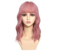 Romantic Angels Perruque ondulée avec frange - Perruque synthétique longueur épaule pour femme - Longueur moyenne - Rose - 40,6 cm
