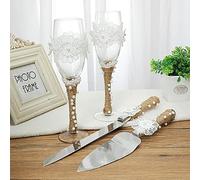 Romantic LOVE Ensemble 4 pièces de flûtes à champagne et de serveurs à gâteau - 2 flûtes à champagne, 1 serveur à tarte et 1 couteau à découper, cadeaux pour les mariés (A)