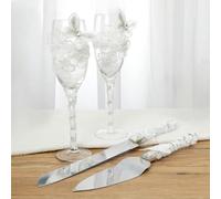 Romantic LOVE Ensemble De 4 Pièces De Fournitures De Mariage, Flûtes À Griller Et Pelle À Gâteau, 2 Flûtes À Champagne, 1 Pelle À Tarte Et 1 Couteau À Découper, Cadeaux pour Mariés (Blanc-C)