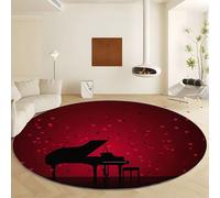Romantic Theme Heart Pattern Piano Washable Round Rugs Diameter 160 cm, Soft Shaggy Low-Pile Indoor Carpet - Large Non Slip Dark Red Area Rug for Living Room Bedroom Playroom Dining Room
