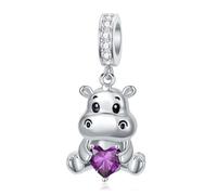 ROMANTICWORK Breloque hippopotame avec pierre de naissance en argent sterling 925 pour bracelets hippopotame pour bracelets hippopotame bovin des Highlands pour femmes et amateurs d'hippopotame, B