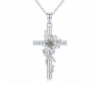 ROMANTICWORK Collier en forme de croix en argent sterling 925 avec pendentif fleur de naissance de 12 mois pour anniversaire, Noël, femme, Argent sterling, Pas de pierre précieuse