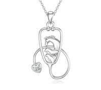 ROMANTICWORK Collier stéthoscope pour femme en argent sterling 925 avec pierre de naissance vétérinaire bijoux infirmière cadeaux pour femme, Argent sterling, Pas de gemme