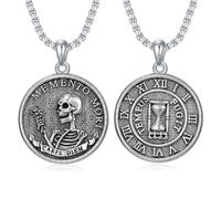 ROMANTICWORK Memento Mori Collier 925 Sterling Silver Pendentif Memento Mori Chaîne Gothique Crâne Tête de Mort Bijoux Cadeau pour Hommes Femmes, Kette: 22 Zoll, Anhänger: 24 mm x 24 mm, Argent