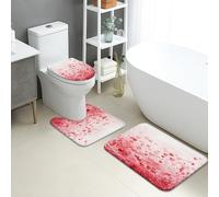 Romantique Lot de 3 tapis de salle de bain en flanelle, absorbants, antidérapants, lavables, en forme de U, à séchage rapide, motif cœur rose pâle