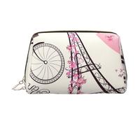 Romantique Paris Tour Eiffel Bycicle Petite trousse de maquillage portable en cuir Trousse de maquillage Voyage Sac à cosmétiques Organisateur pour femme Fermeture éclair dorée, doré, One Size