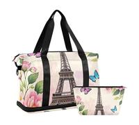 Romantique Tour de fer parisienne avec fleurs Rose Gym Sports Sac de voyage Sac de voyage Sac de nuit Weekender Sacs avec sangle réglable pour voyage Étanche, Tour de fer parisienne romantique avec