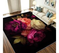 Romantisme Français Tapis de Salon 120x170cm Lavable Noir | Tapis Salon Tapis Chambre, Lavable en Machine, Pivoines Roses Motifs Floraux Antidérapant, Cuisine, Salle à Manger, Douce