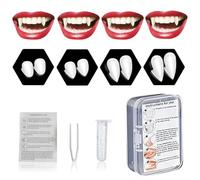 ROMANVIC Lot de 4 paires de dents de vampire - 4 tailles - Pour Halloween, cosplay, fausses attrapes de vampire - Avec 1 tube de colle à dents - Pour fête, cosplay, Halloween, Demon, Witch