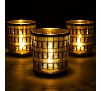 Romcanmy Photophore Verre, Lot de 3 Chic Porte Bougie avec Motif Tissé pour Bougies Chauffe Plat, Vintage Doré et Noir Bougeoir Verre pour Decoration Table Noel Interieur Maison Salon (7×7×8CM)