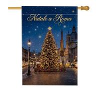 Rome Drapeau de maison avec citation arbre de Noël 71 x 101 cm | Monument de la ville italienne, drapeau de cour, scène de rue nocturne, écriture élégante de vacances